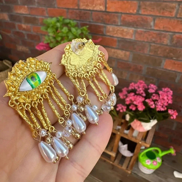 Maison Green Evil Eye Protection Pearl Dangle Earrings - Picture 11 of 12